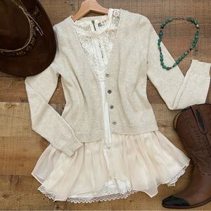 Cream Cardigan with Sheer Ruffled Layered Hemline